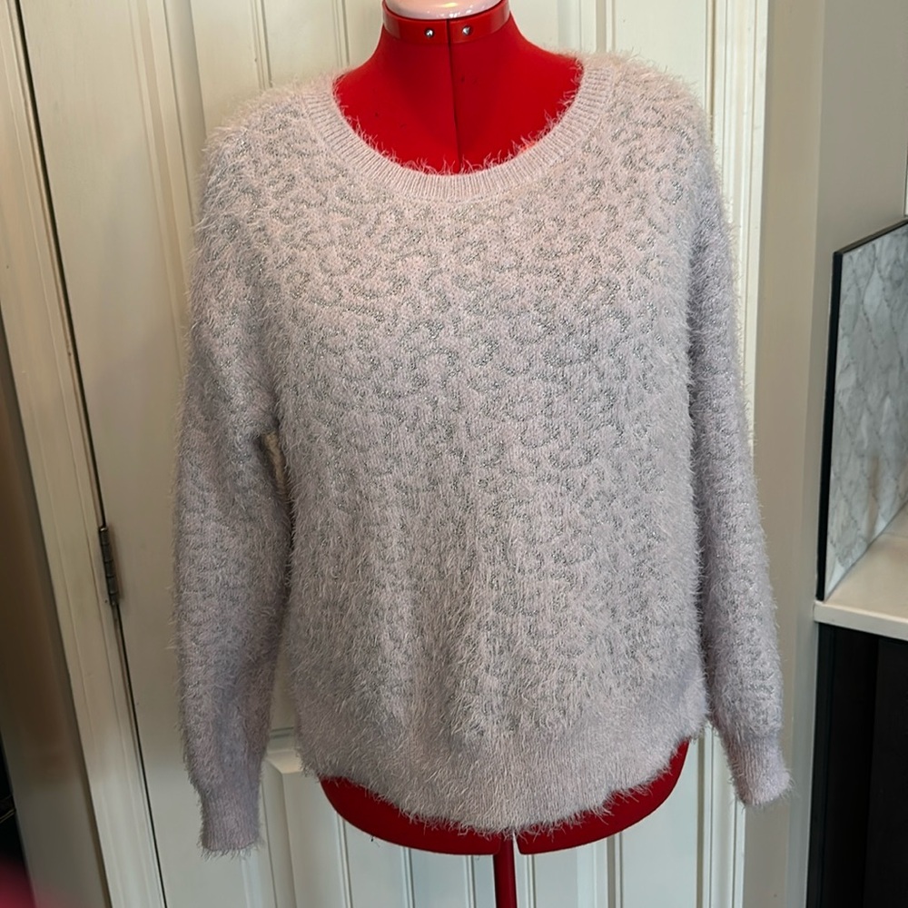 BCX fuzzy lavender long sleeve sweater with silver iridescent detailing